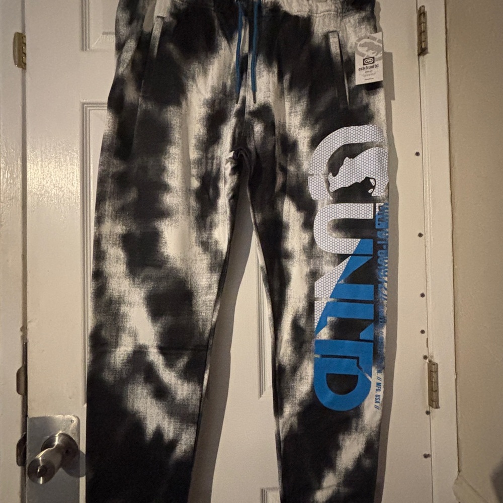 Ecko UNLTD Fleece Jogger Pants Black and White Tie-Dye with Blue Logo Mens 2X